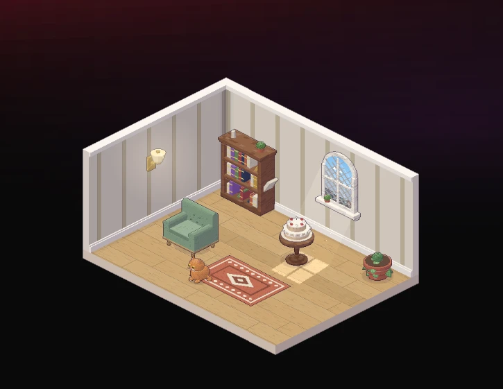 A ComfyPix corner nook: an isometric pixel-art room with an armchair, bookshelf, rug and arched window